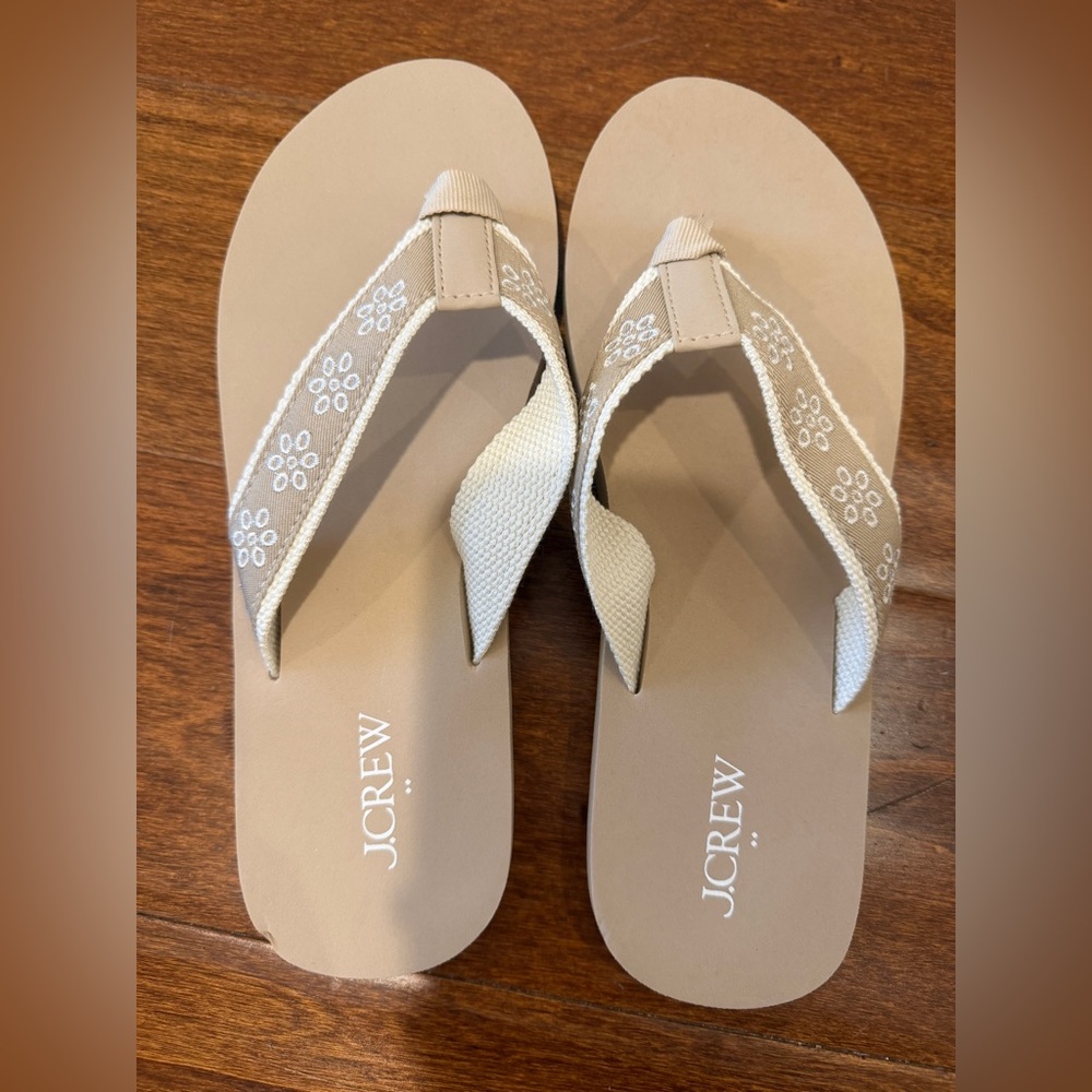 J. Crew Tan and Cream Flip Flops